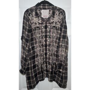 Johnny Was Tunic Top Blouse 3J Workshop Plaid Embroidered Button-Down Size XL